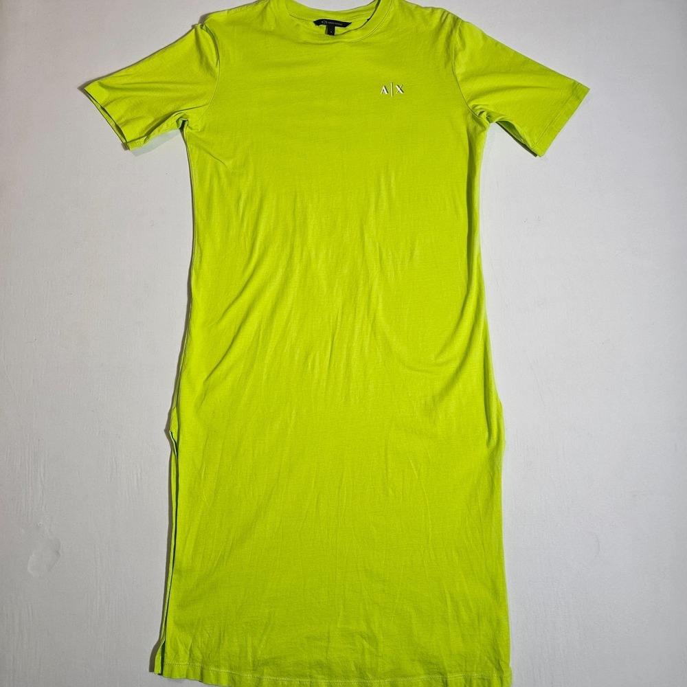 Armani Exchange T Shirt Dress Womens Small Lime Green Spellout Logo Side Slit